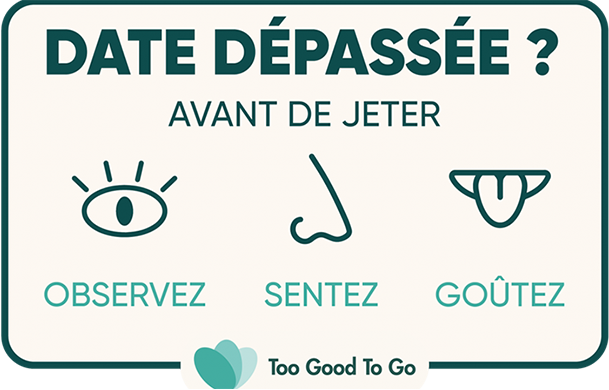 Logo Too Good To Go visible sur les boîtes métal RICORE® Original avant de jeter un produit à la date dépassée, observez, sen
