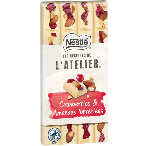 NESTLE LES RECETTES DE L'ATELIER - Tablette Chocolat Blanc Cranberries & Amandes - 150g