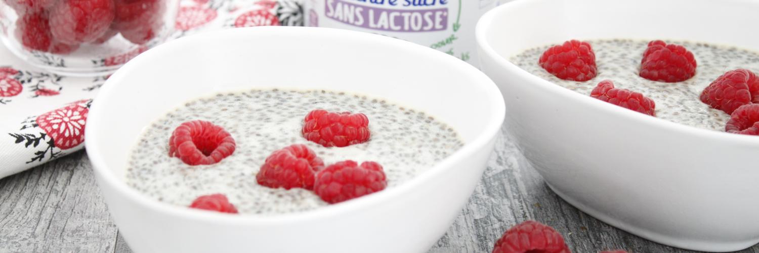 Chia pudding sans lactose framboises eau de rose Chia pudding sans lactose framboises eau de rose