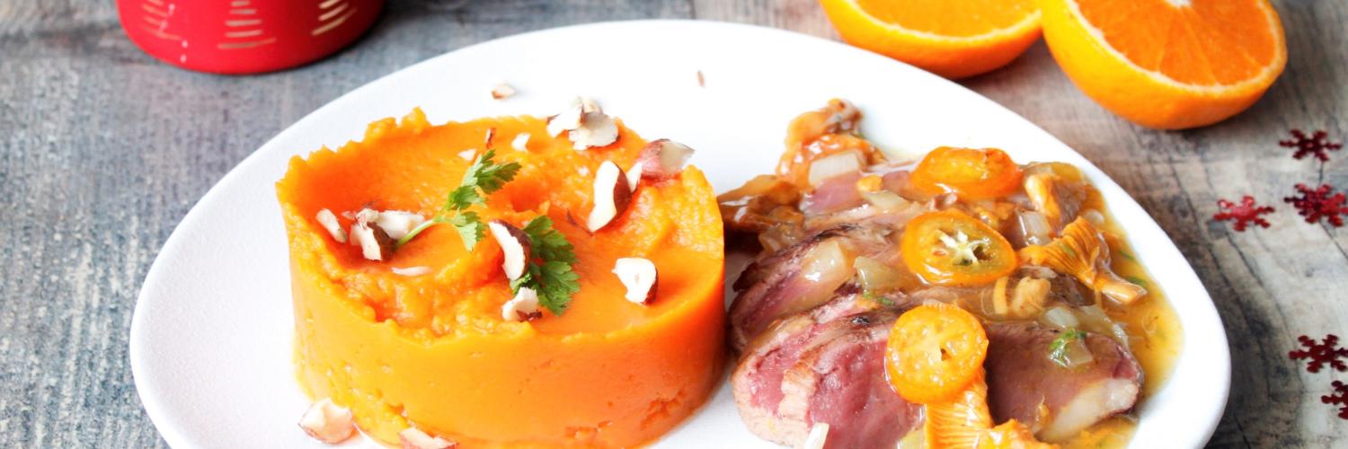 Magret de canard sauce aux girolles et kumquats, purée de butternut Magret de canard sauce aux girolles et kumquats, purée de butternut