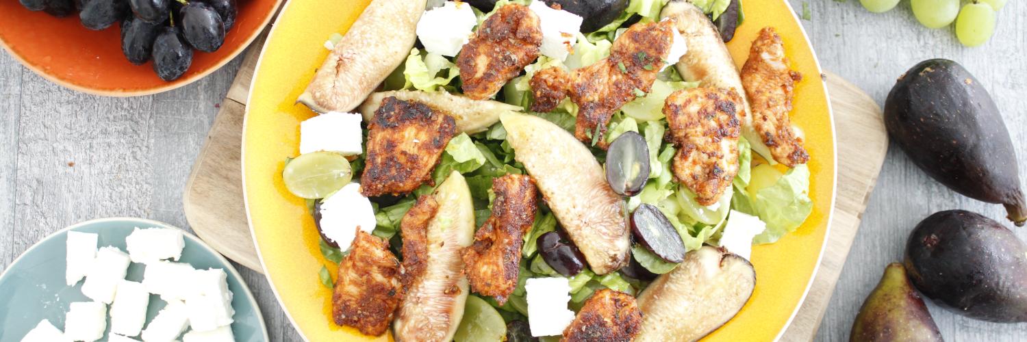Salade de poulet shawarma figues, raisin et feta Salade de poulet shawarma figues, raisin et feta