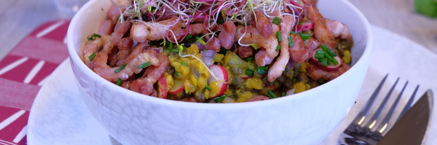 Salade de lentilles et lardons aux graines germées Salade de lentilles et lardons aux graines germées