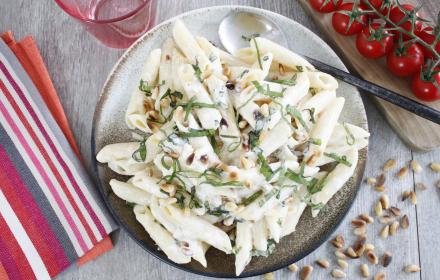 Penne au fromage pignons et basilic