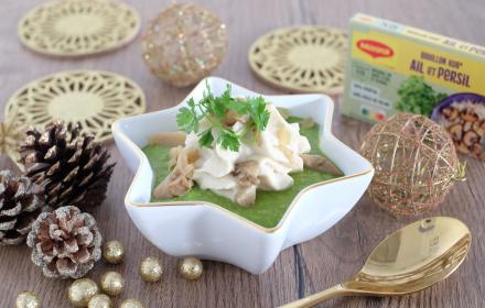 Velours de petits pois et chantilly aux pleurotes