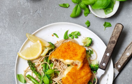 Pavé au fromage et pâtes primavera