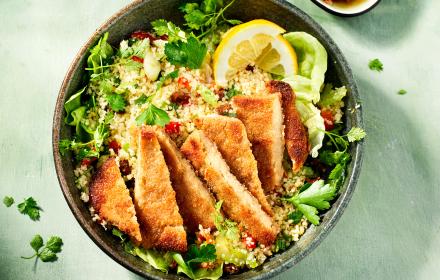 Couscous veggie and herb salad with Sensational Schnitzel