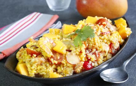 Salade crevettes, mangue, quinoa et radis