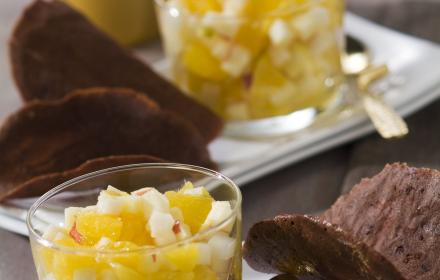 Tuiles choco orange et salade de fruits frais