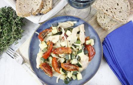 Poêlée de poulet aux courgettes et tomates confites