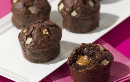 Muffins au chocolat, des de poire et caramel fondant