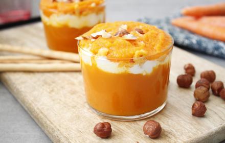Carrot verrines with goat cheese, hazelnuts and bread sticks