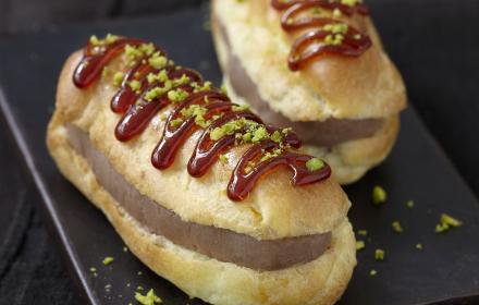 Éclairs au chocolat praline caramel croquant aux pistaches (pas avant octobre 2010)