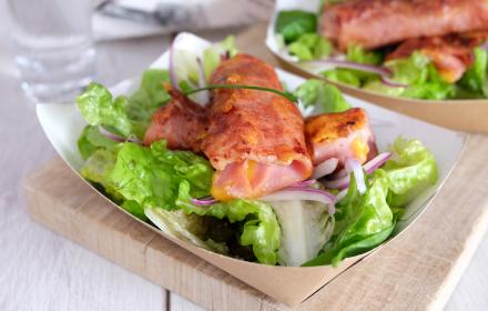 Roulés de jambon poêlés au cheddar et oignons frits