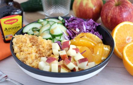 Salade de lentilles, chou rouge pomme orange
