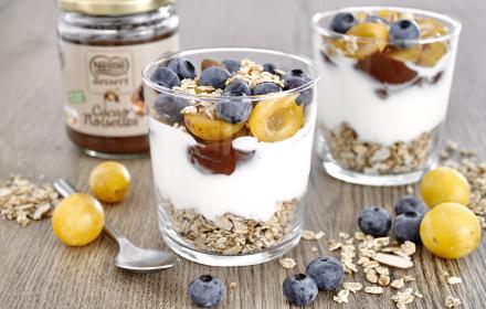 Verrines yaourt, pâte à tartiner Nestlé Dessert, muesli et fruits (mirabelles et  myrtilles)