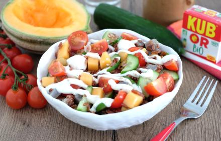 Salade estivale riz rouge melon concombre et artichaut Salade estivale riz rouge melon concombre et artichaut
