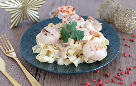 Brochettes de crevettes et Saint Jacques