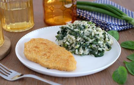 La panée et risotto de légumes verts
