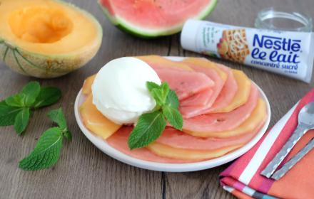 Carpaccio melon pasteque et glace au lait concentré Carpaccio melon pasteque et glace au lait concentré