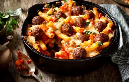 Pâtes gratinées au potiron et boulettes de légumes