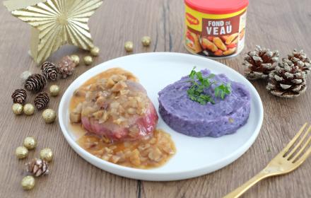 Médaillon de boeuf sauce aux marrons et purée de vitelotte Médaillon de boeuf sauce aux marrons et purée de vitelotte