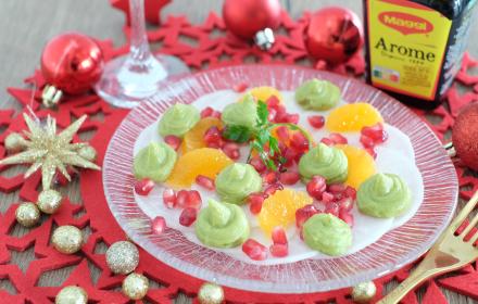Carpaccio de radis, grenade clémentines et creme d'avocats